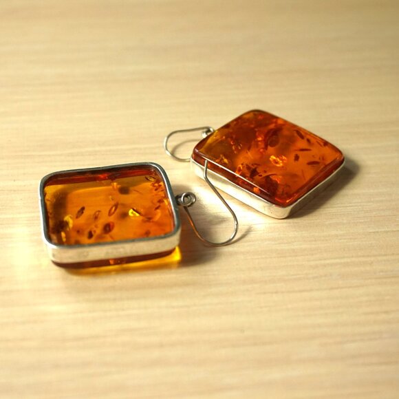 Huge Square Amber Dangle Earrings - Amber And 925 Silver - Rare Gift For Her - Picture 11 of 11